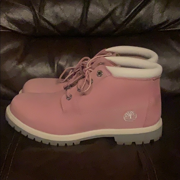 pink and white timberlands